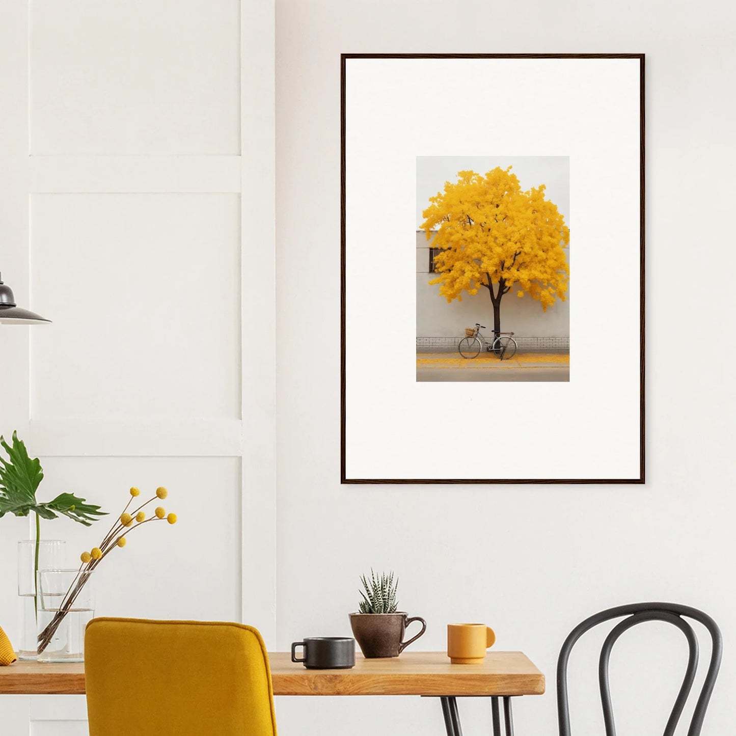 Framed wall art of a yellow autumn tree with a bike, Lemonade Gaze Reverie design