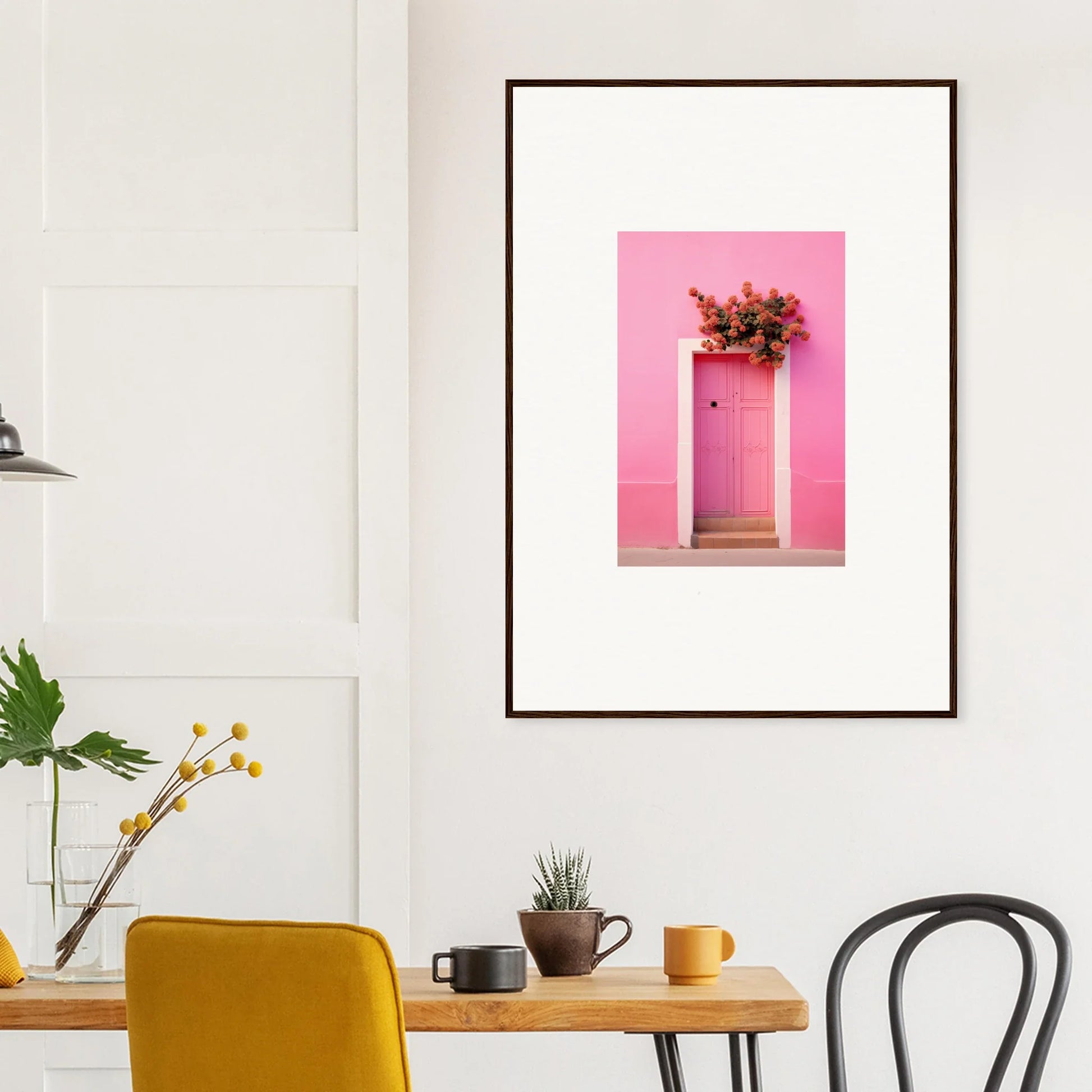 Framed wall art of a pink door with flowers, perfect for Quantum Pink Serenade lovers