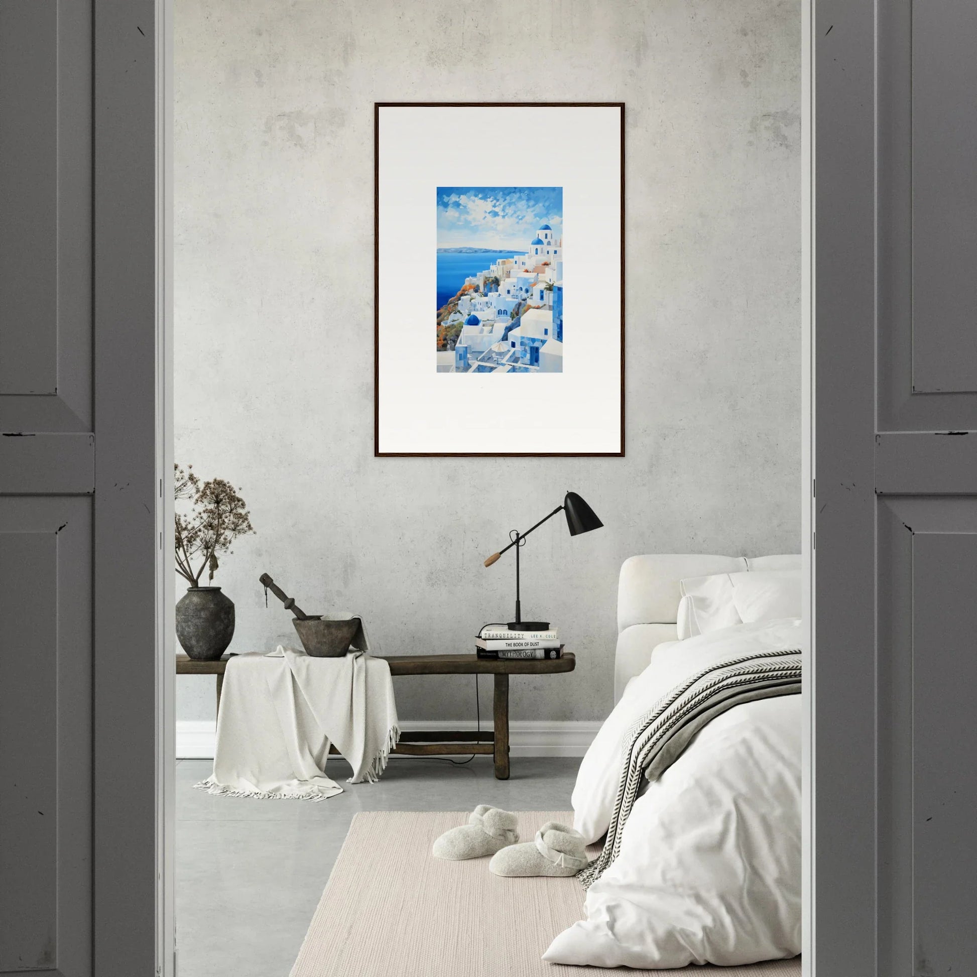 Framed artwork of Santorini’s white buildings and blue domes for premium wall décor