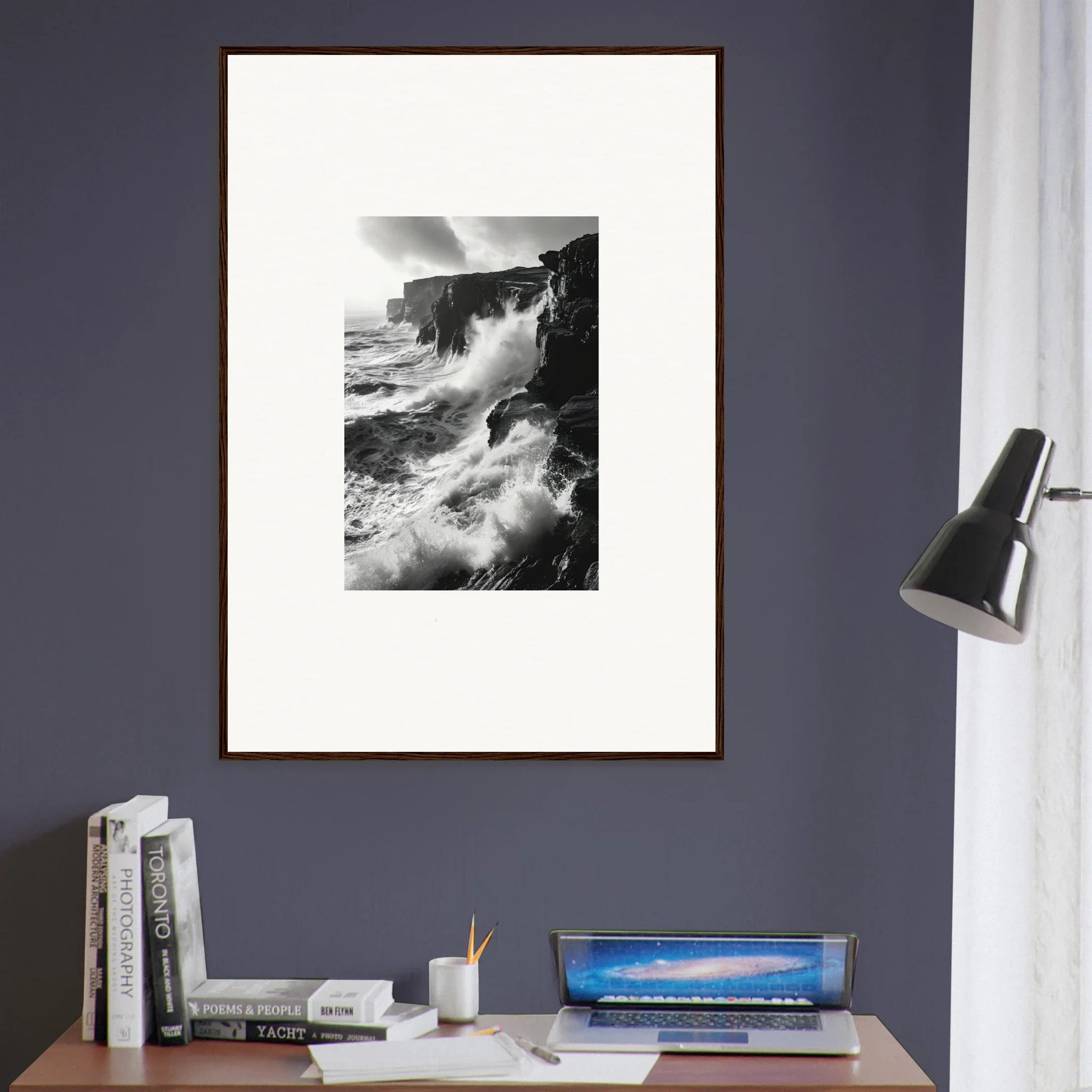 Framed black and white photo of coastal cliffs and waves from Rock Impressions special edition art™