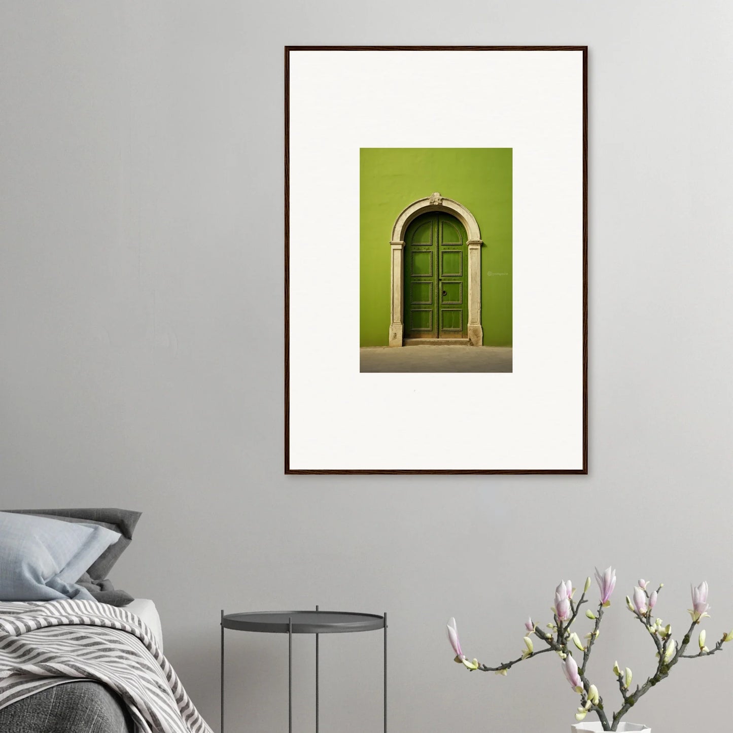 Framed Vert Barcode Reverie art print of an arched green door on a lime green wall