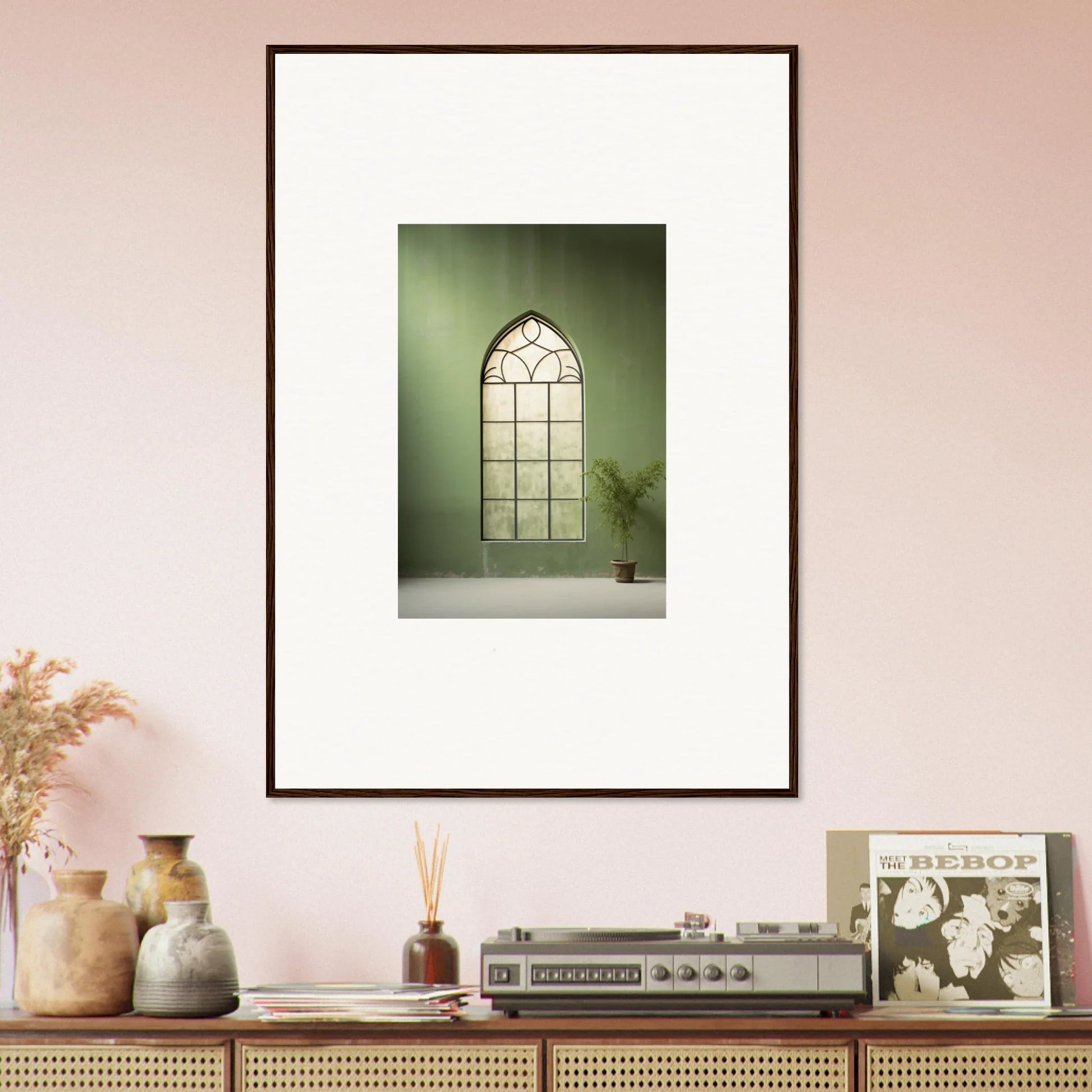 Framed art print of an arched window with geometric panes in Green Crescent design