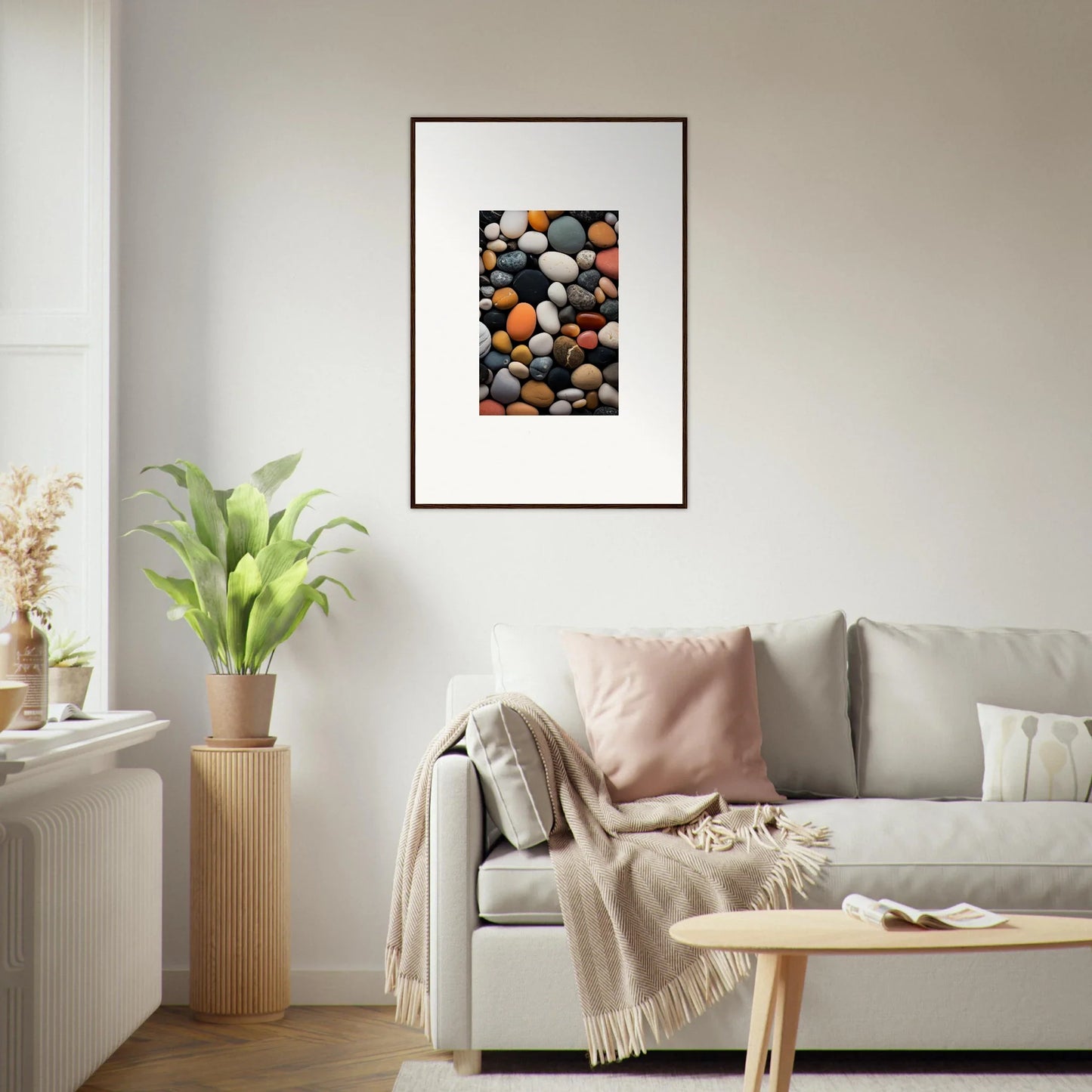 Framed photo of colorful river rocks in Elemental Whisperbound Ascendancies decor