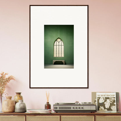 Framed Evermind Greenthaum art print of a gothic window with a bench below