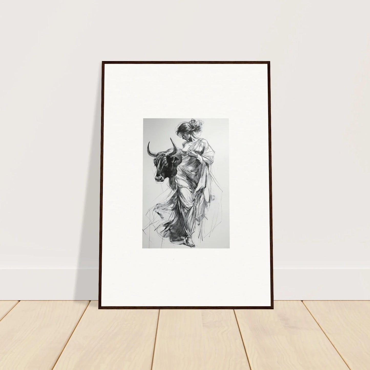 Framed black and white sketch of a classical figure with a bull for premium framed wall decor