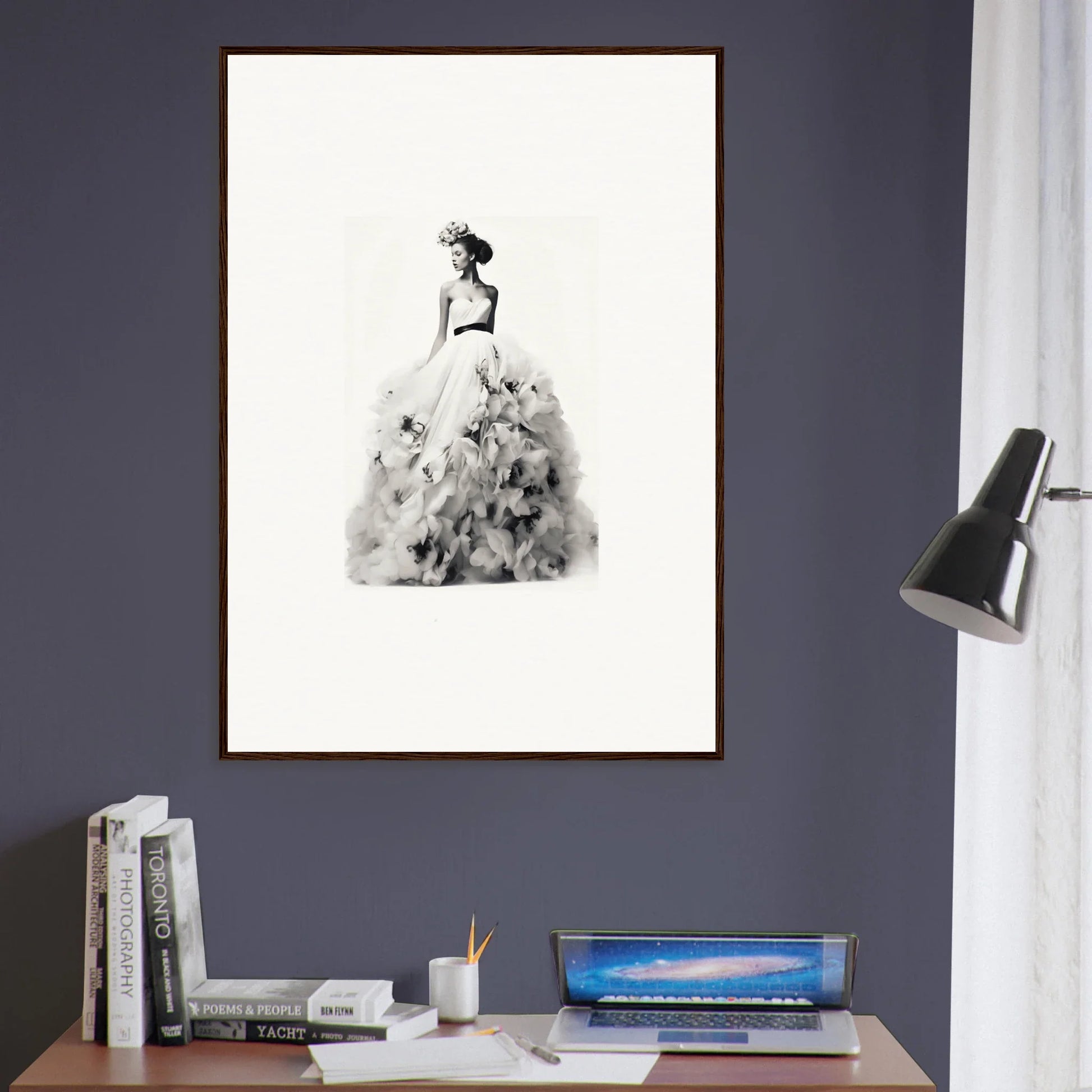 Black and white watercolor of a figure in an elegant ballgown from Dreams Bloom Eternal