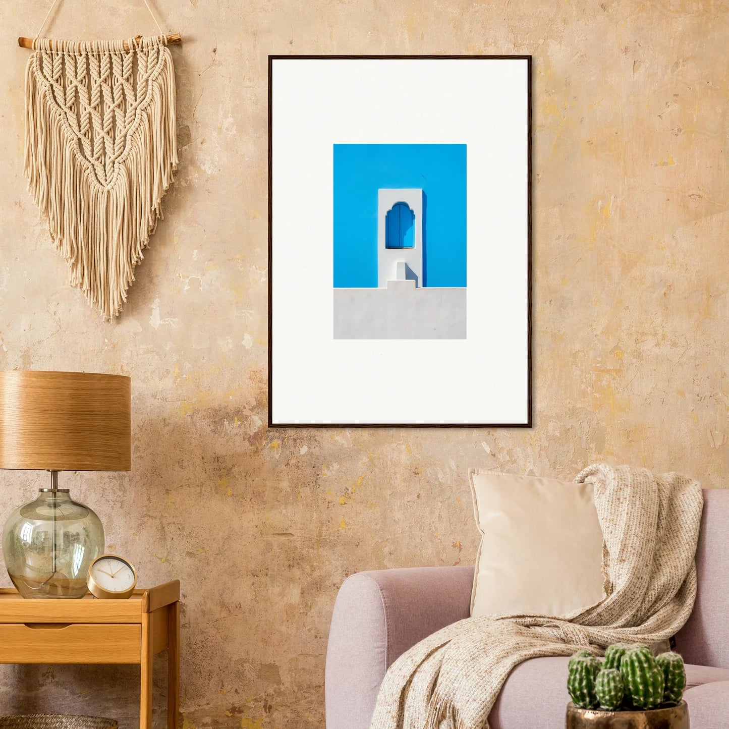 Framed Oikos Cerulean Aperturearches art showing a bright blue archway on white