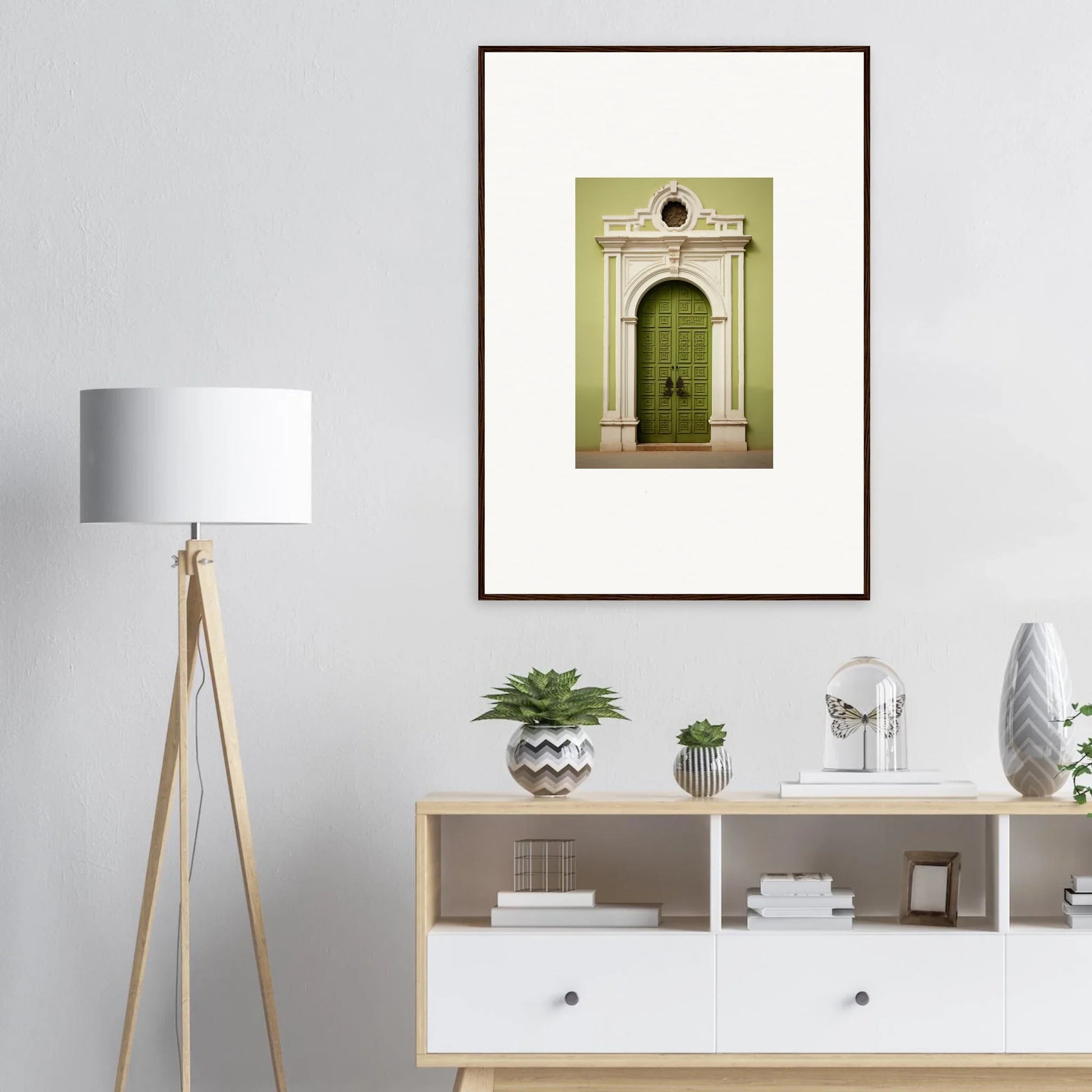 Framed photograph of a green ornate door from the Verdant Sentry Whispers collection