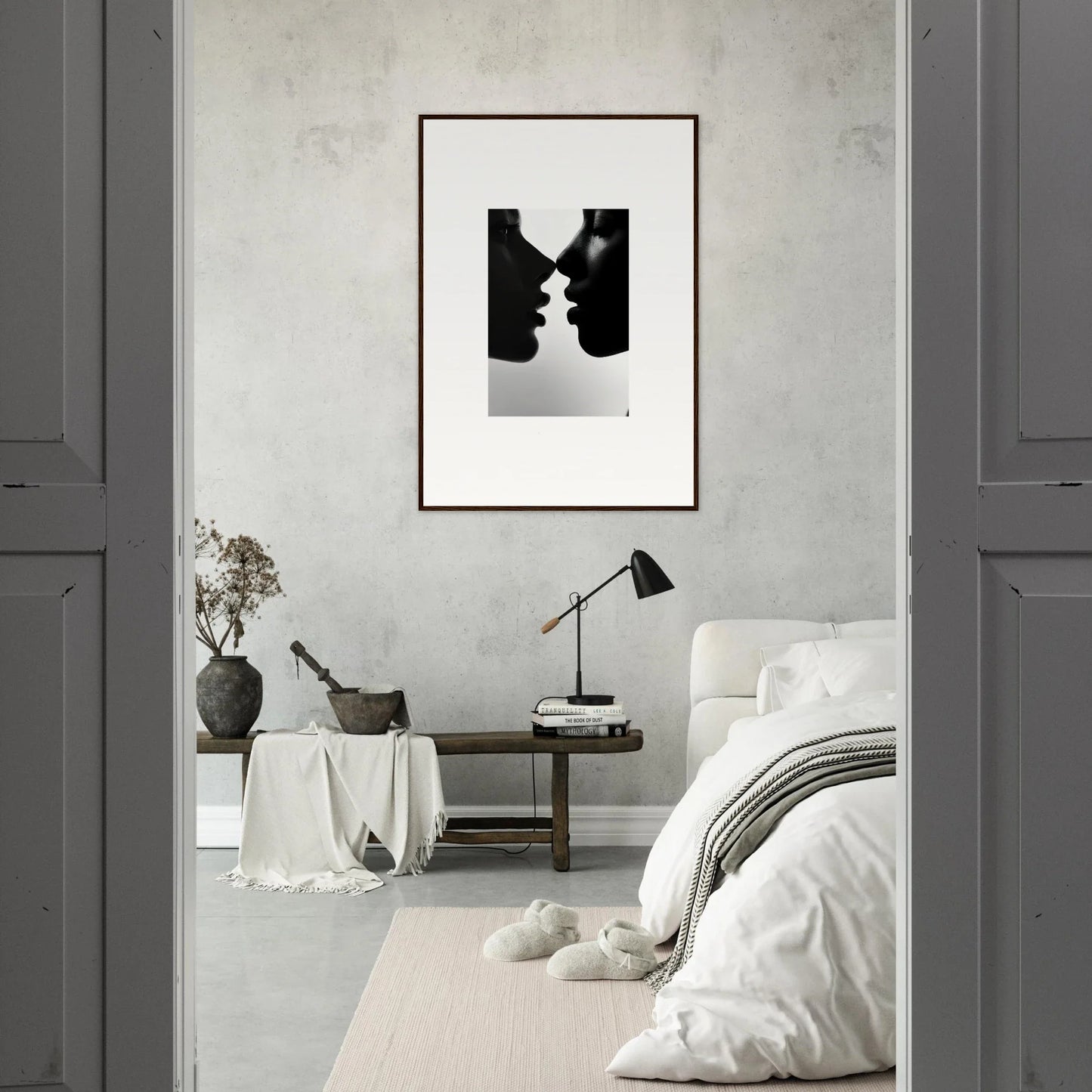 Black and white silhouette of two faces in Narcissus Mirror Haze framed wall art