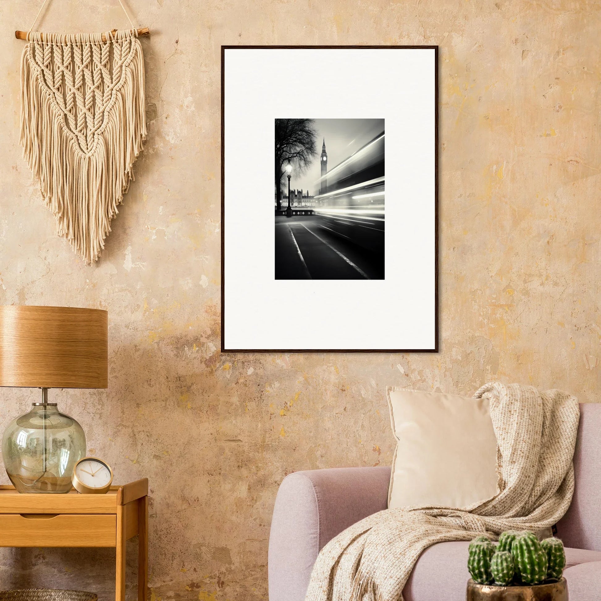 Framed wall art featuring light trails from a bus at night in Fluid Timeless Pulse style