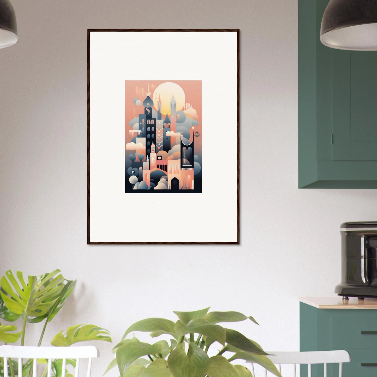 Framed art print of Ephemeral Castle Whispers in pink and blue abstract cityscape