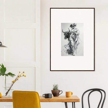 Framed black and white sketch of a figure with a bull for Reverie of Zephyr special edition art™