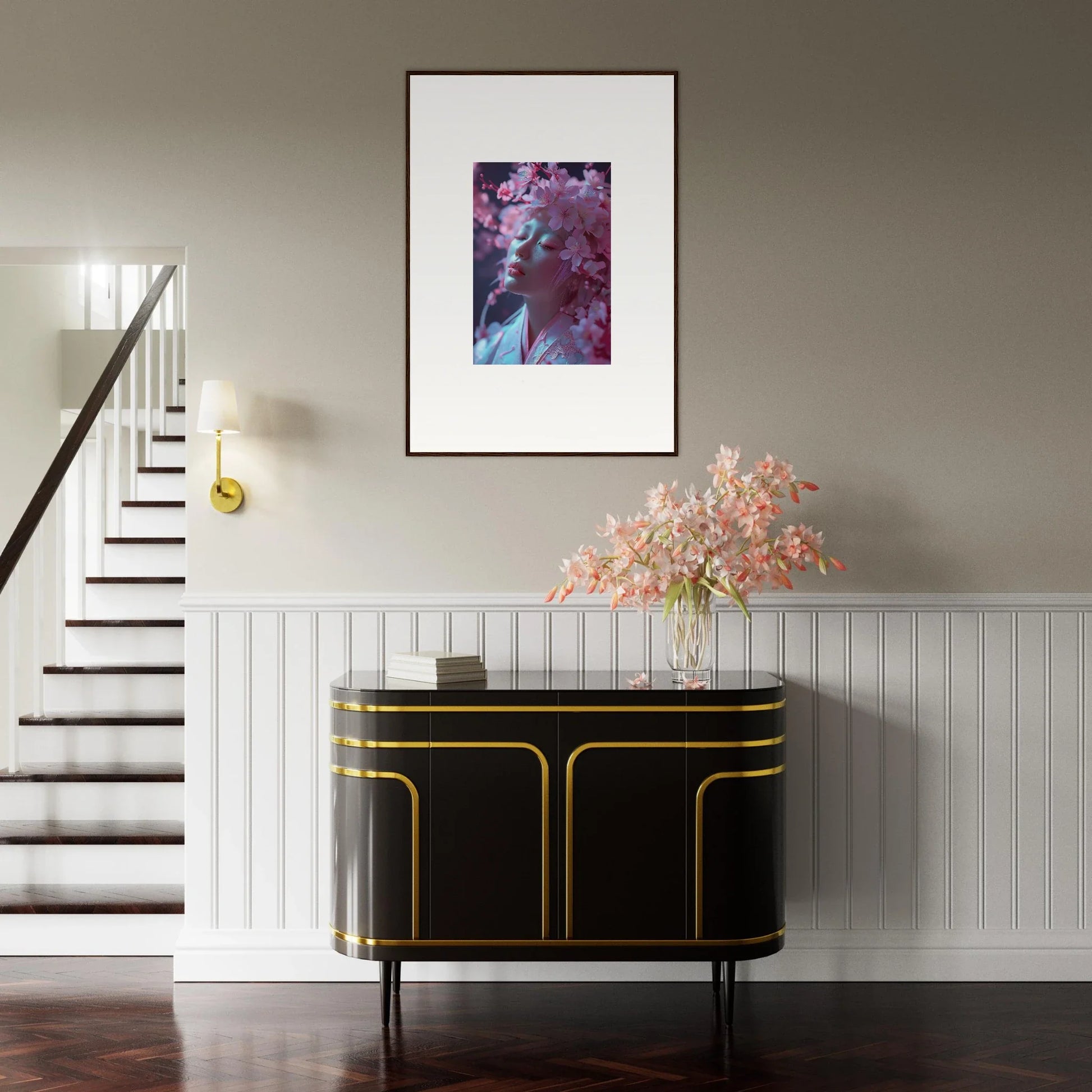 Elegant black sideboard with gold trim perfect for chic room decoration, Sakura Whispers