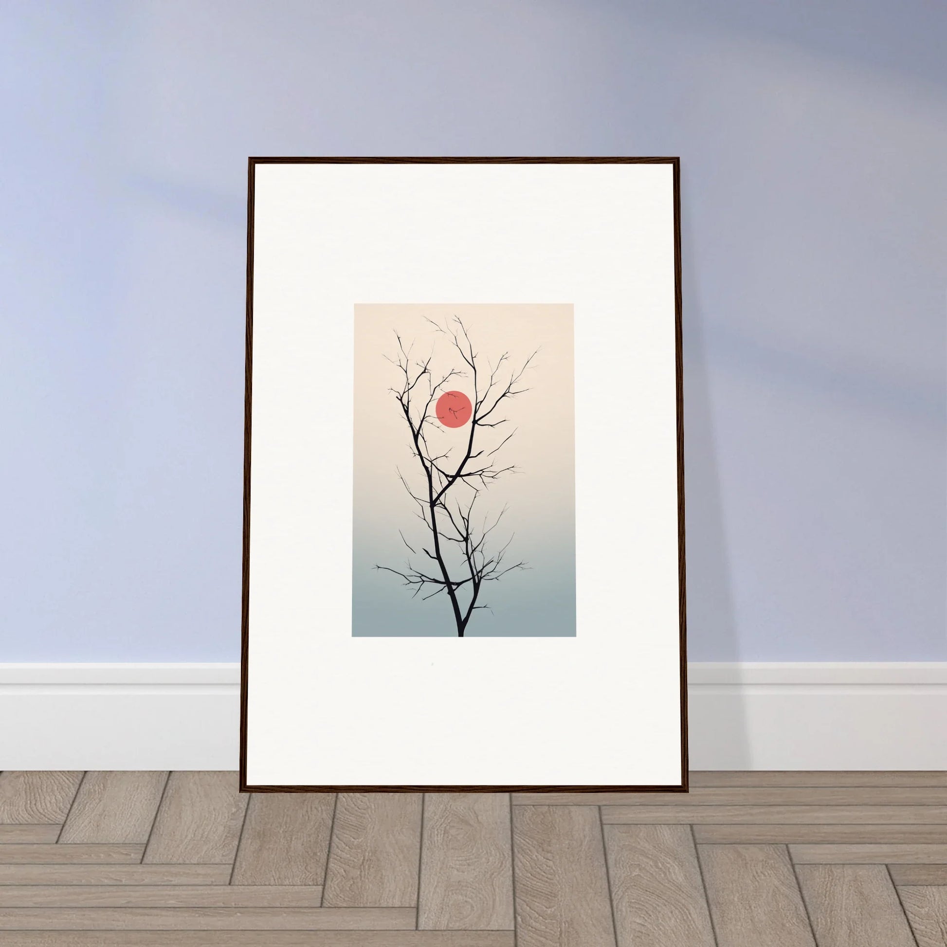 Framed minimalist wall art of bare tree branches at sunset for serene eclipse room decoration