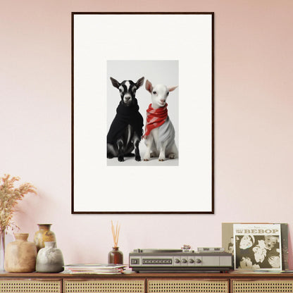 Framed wall art featuring adorable black and white baby goats in Rainbow Twin Dreams