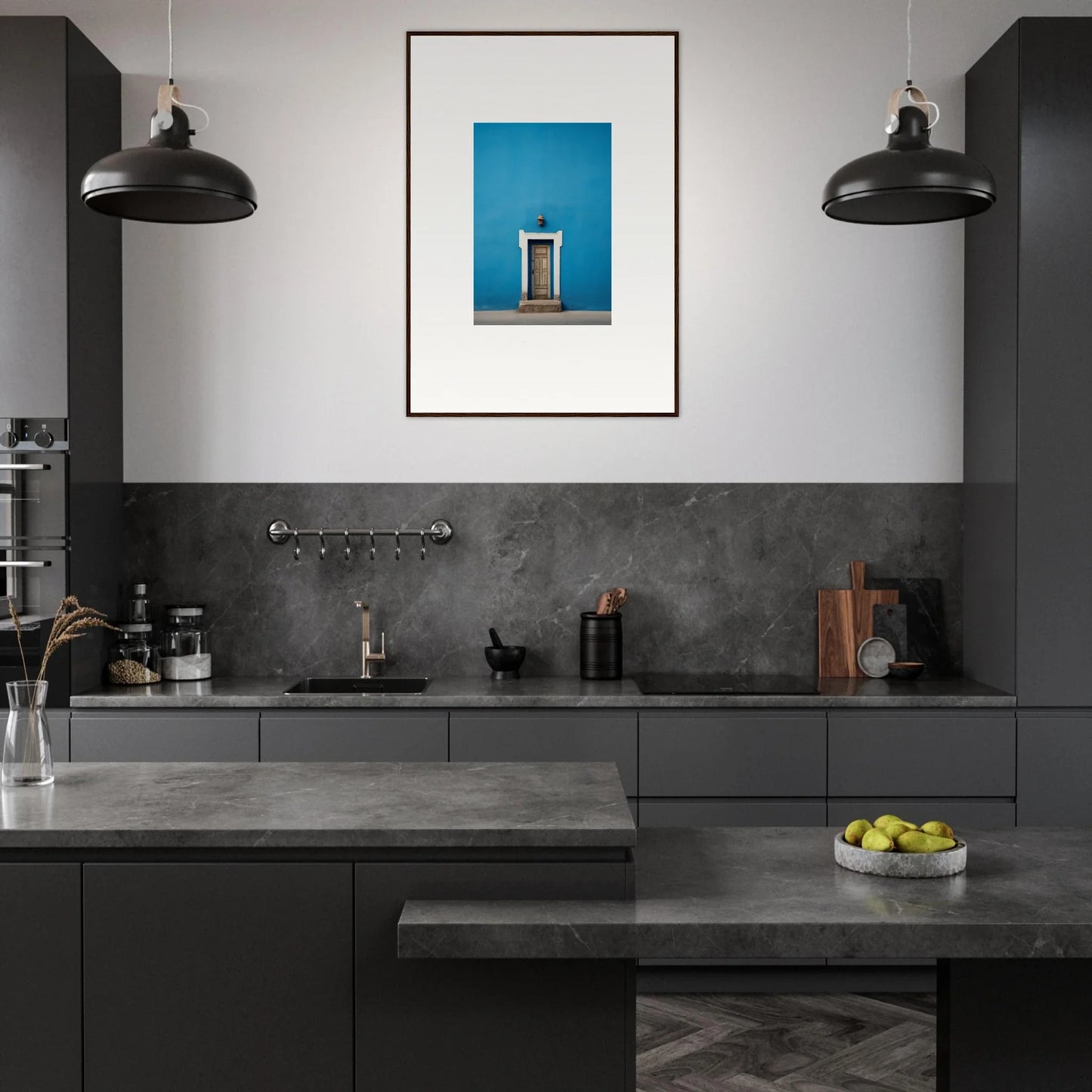 Modern dark gray kitchen featuring industrial lights and Eternal Cerulean Cloister artwork