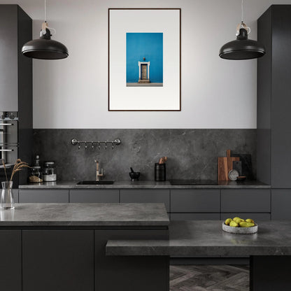 Modern dark gray kitchen featuring industrial lights and Eternal Cerulean Cloister artwork