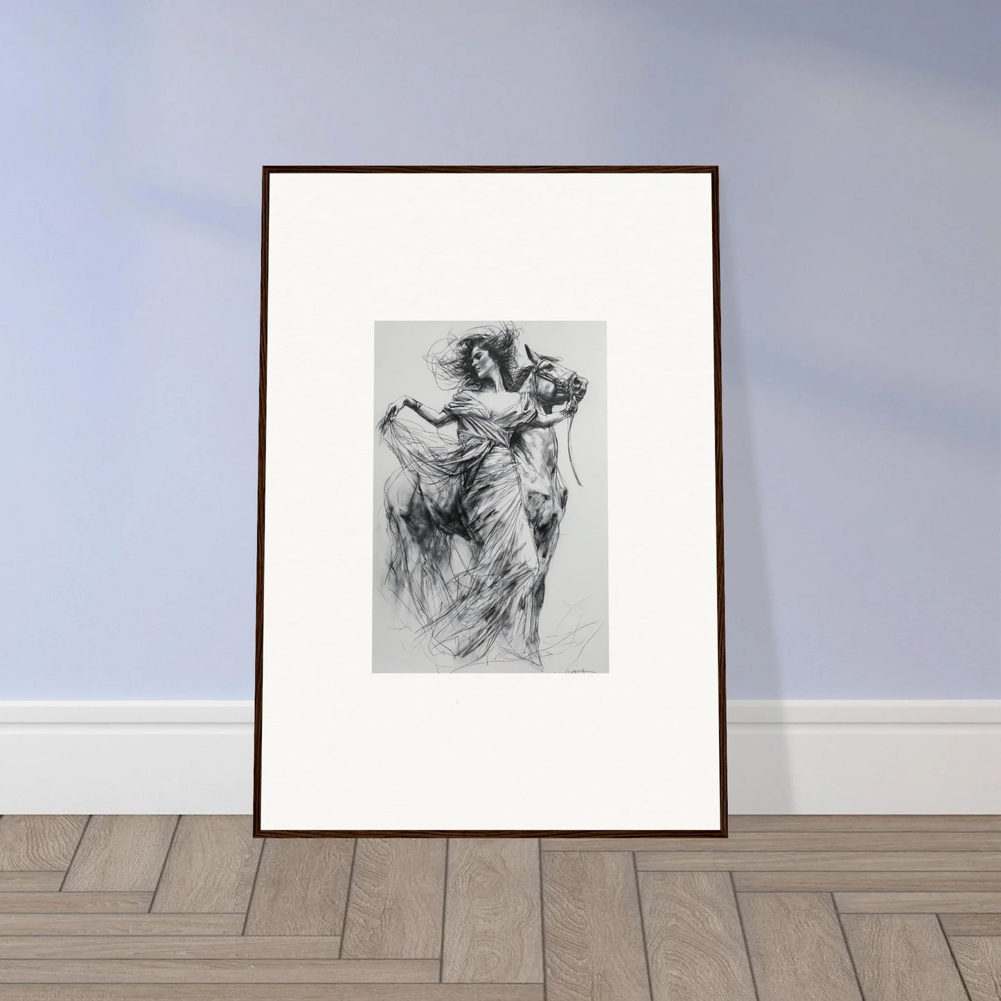 Framed black and white sketch of dancers in motion for Equestrian Ether Euphoria Art