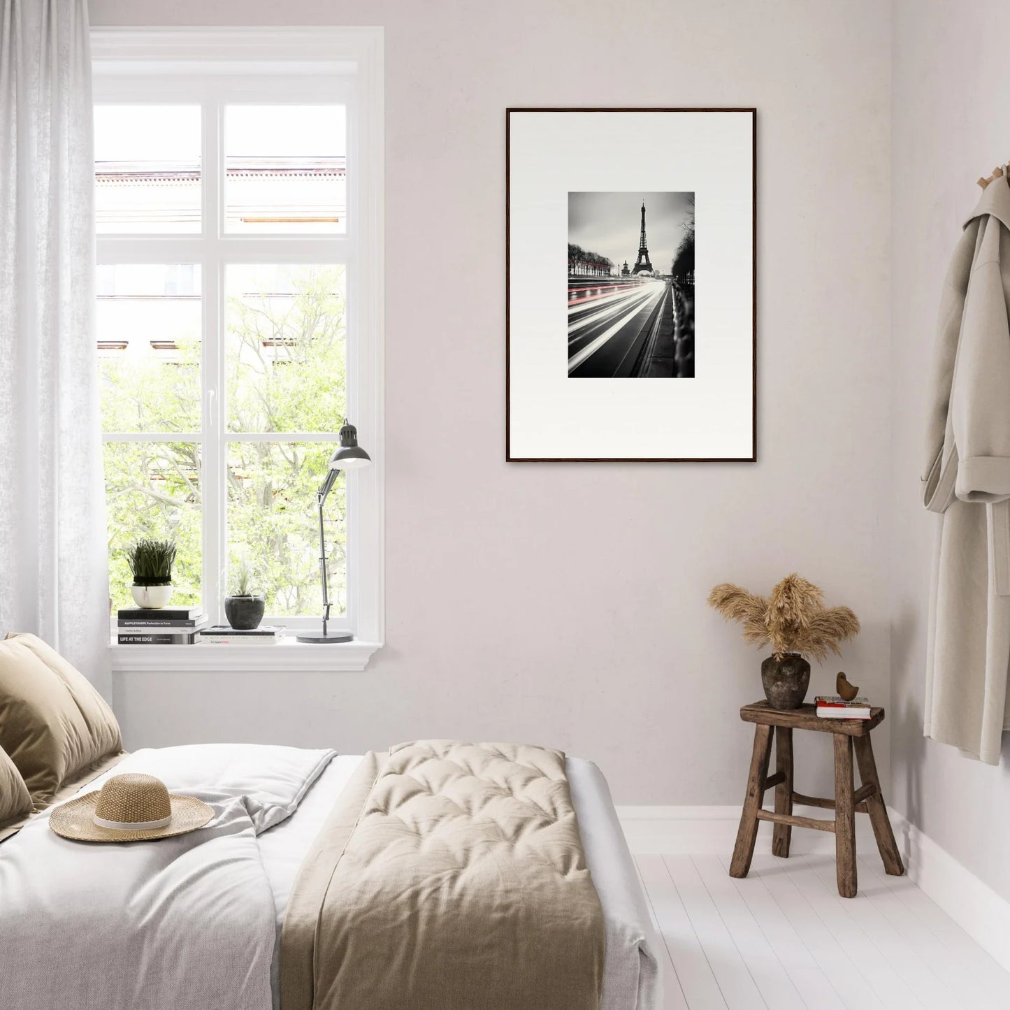 Minimalist bedroom with neutral tones and Eternal Windsweep Halo art featuring Eiffel Tower