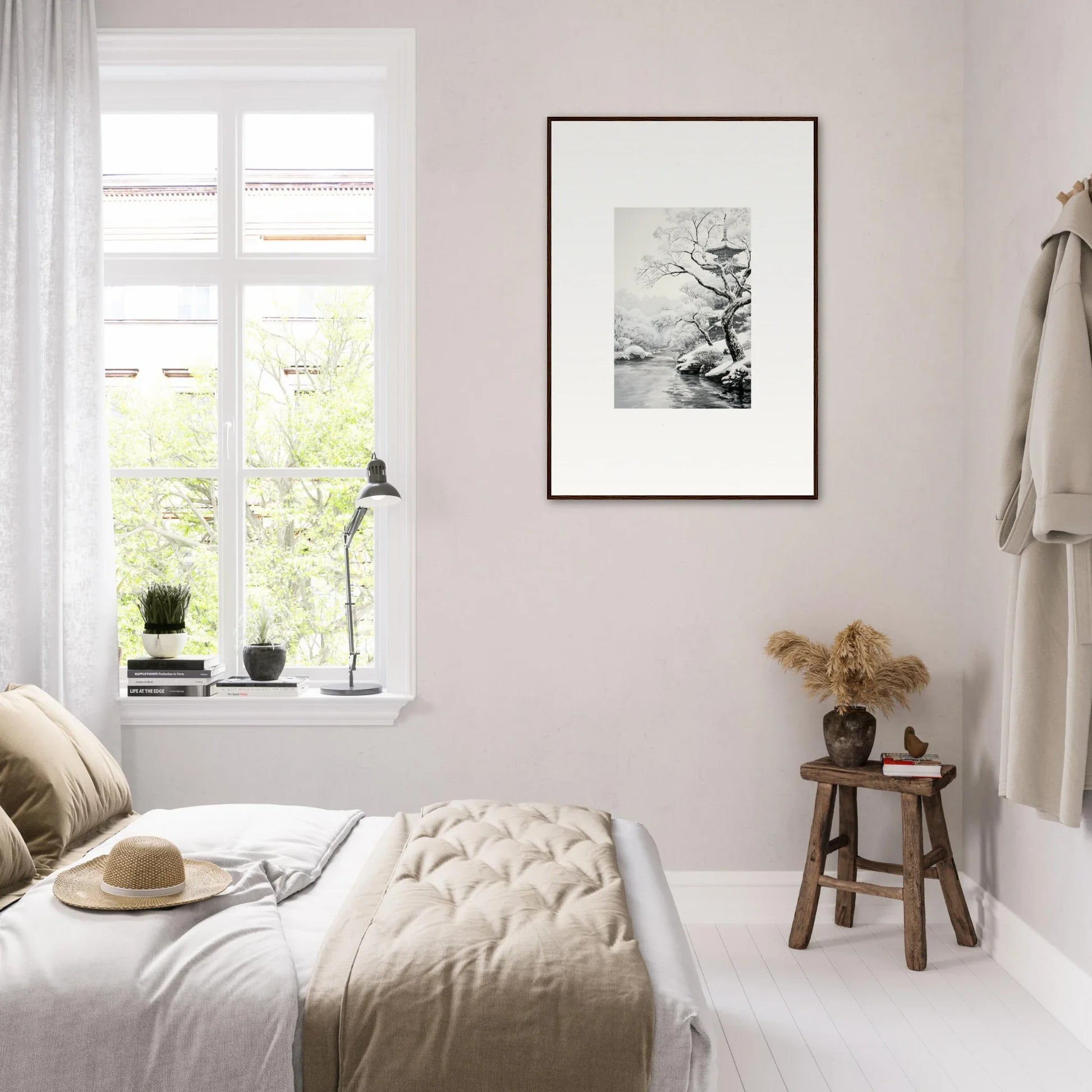 Minimalist bedroom in beige and white highlighting Timeless Snow Fables framed wall art