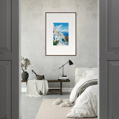 Framed Santorini art with blue domes, part of Sunday Stahl Messiração special edition art™