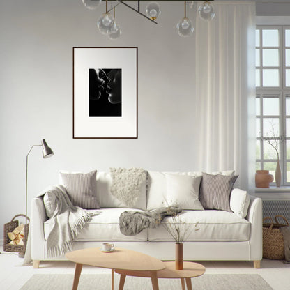 Cozy White Sofa with Gray and Cream Pillows for Midnight Kiss Darkness Art Display