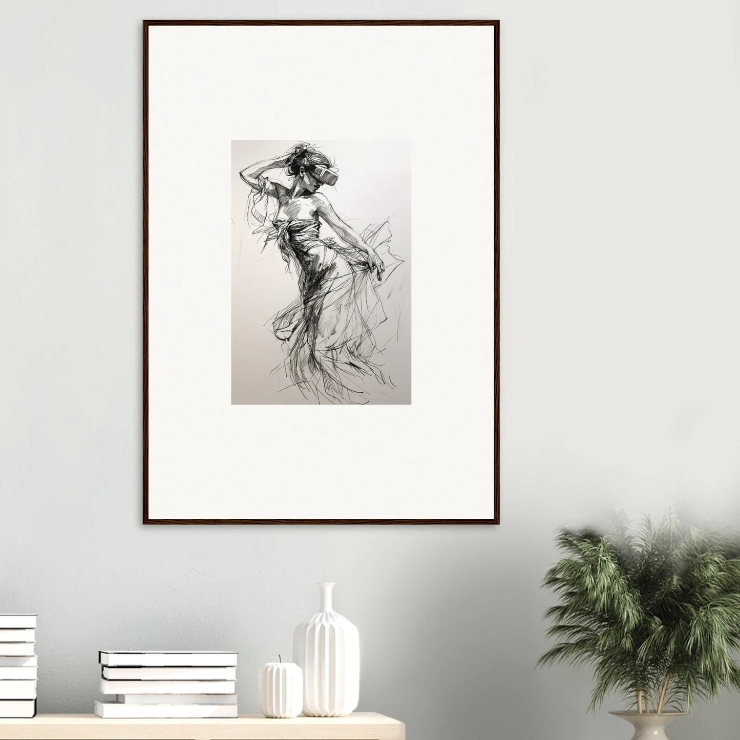 Framed black and white sketch of a dancing figure in Mystic Quantum Soliloquy art