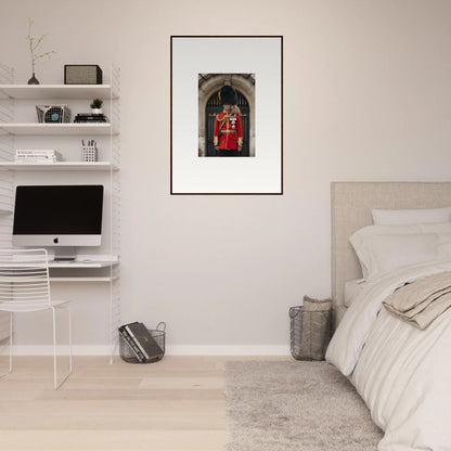 Modern bedroom with Royal Red Reverie art, iMac, and minimalist white shelving