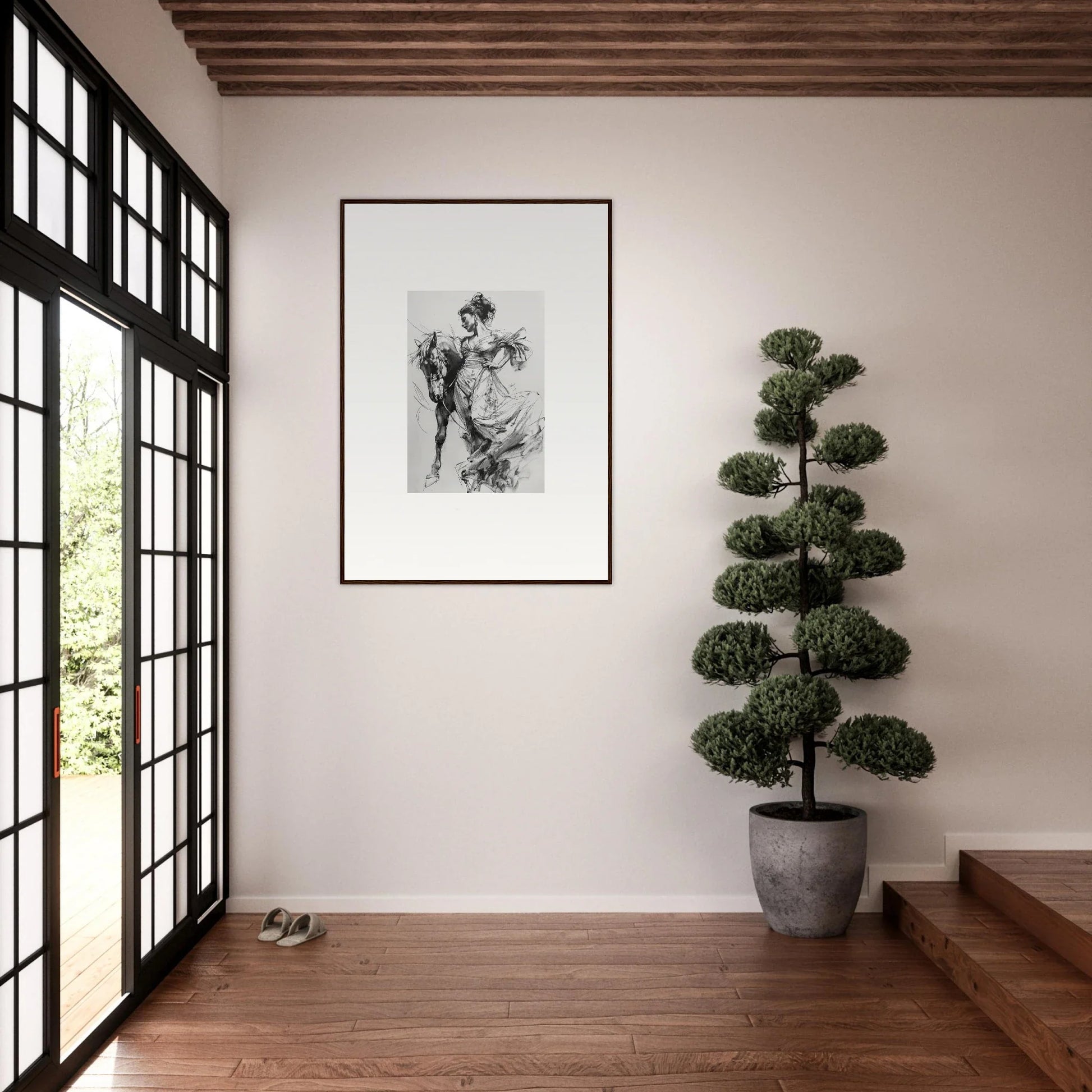 Minimalist Japanese interior with cloud-pruned topiary in concrete pot for Thoughts Unbridled Dance