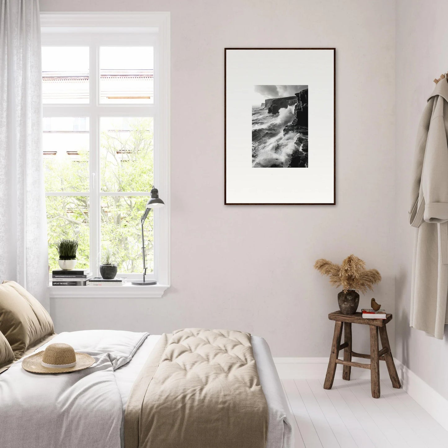 Minimalist bedroom featuring Tempestuous Rock Ballet art in neutral tones