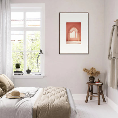 Minimalist bedroom bathed in natural light featuring Versaille Sunset Reimagined art