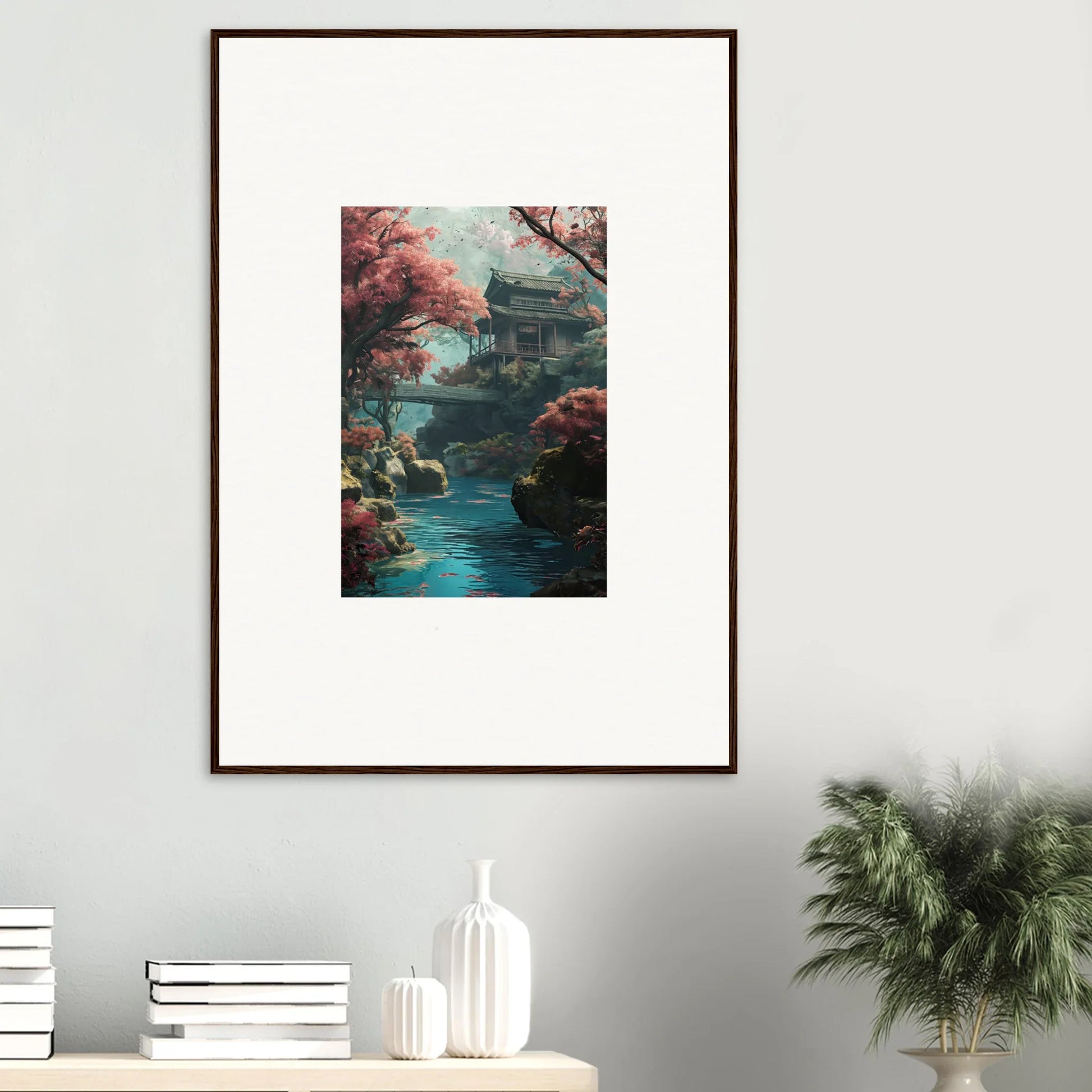 Framed wall art of a Japanese garden, part of the Zen Dream Symphony collection