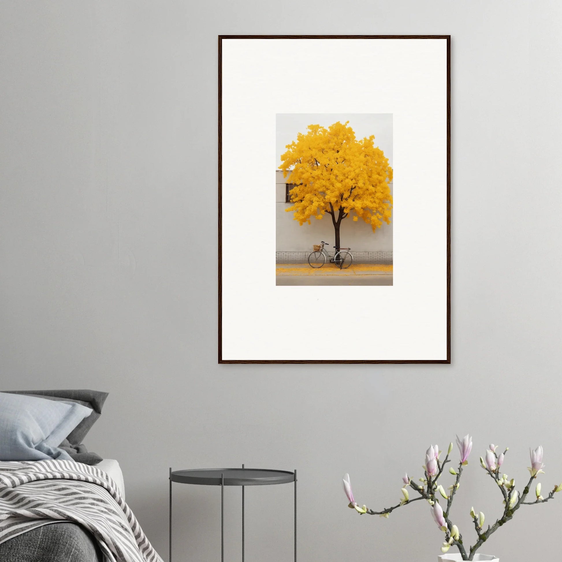 Framed wall art of Lemonade Gaze Reverie with a yellow-leaved tree on neutral backdrop