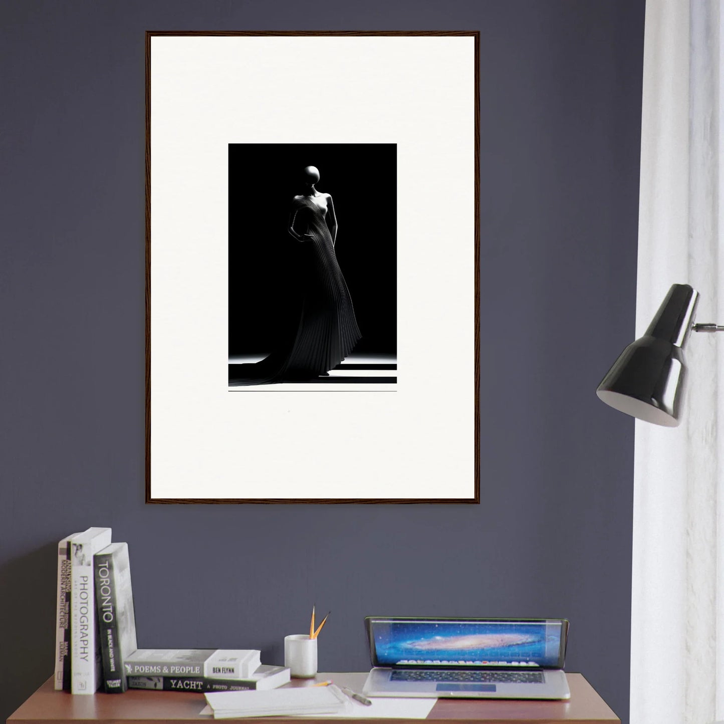 Framed black and white photo of a figure in dramatic light, perfect for Echoes Velvet Mirage