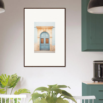 Framed art print of a blue arched door in Threshold of Echoes, a special edition art™