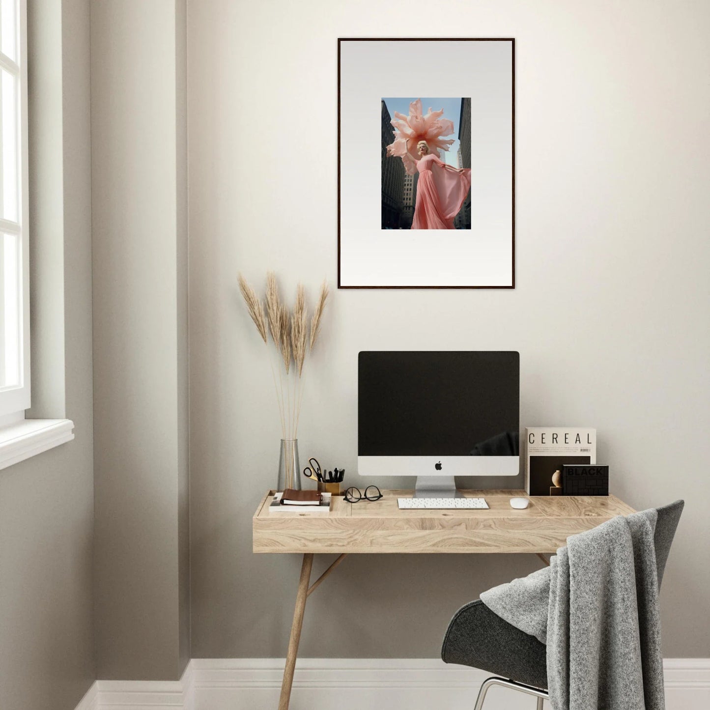 Minimalist wooden desk with an iMac and accessories inspired by Sensational Blossom Mirage