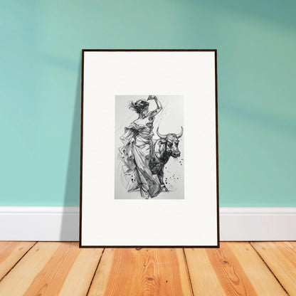 Framed black and white sketch of a figure with flowing robes and a bull for Tauripe Mystique Visions