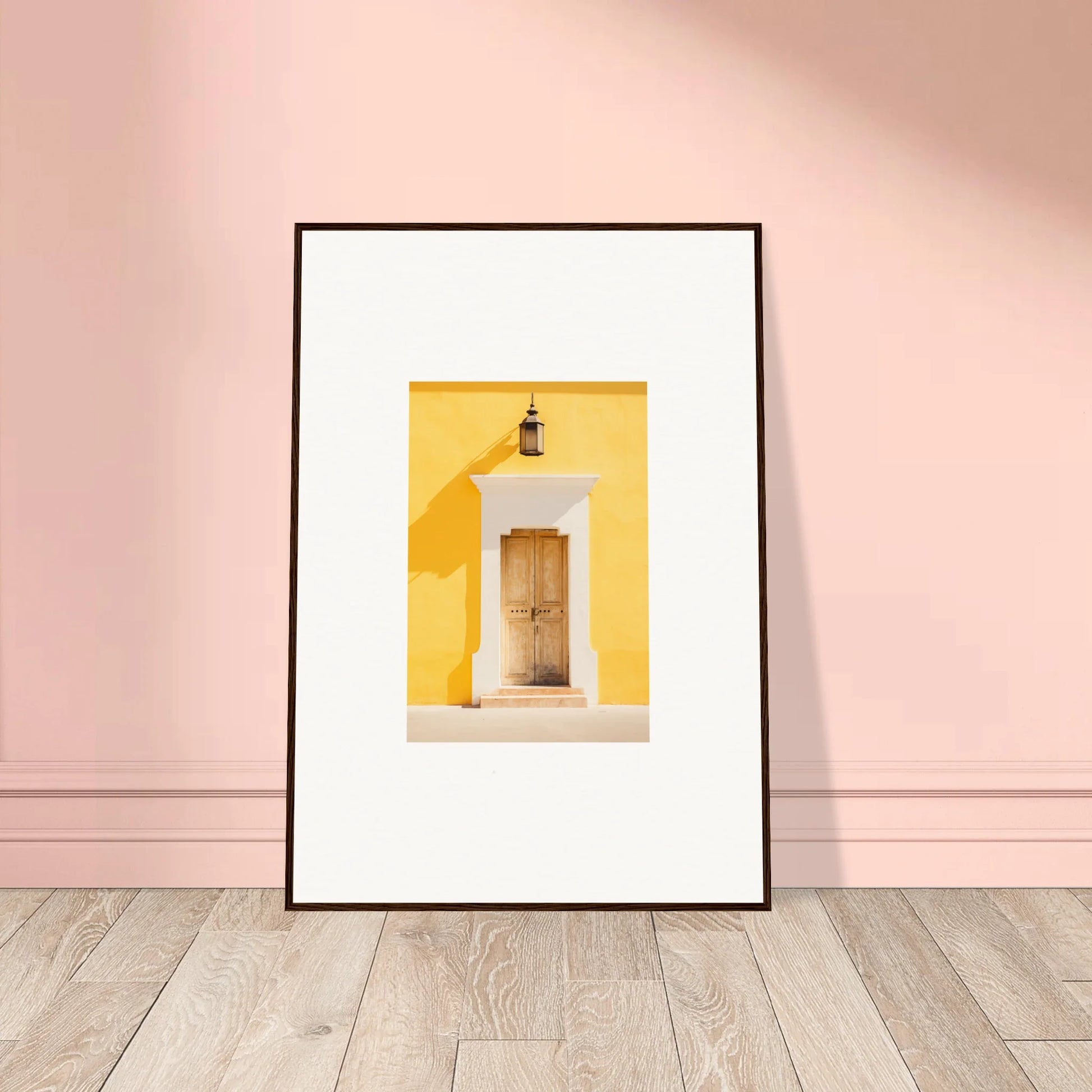 Framed wall art of a yellow building’s door, perfect for the Golden Hue Portal collection