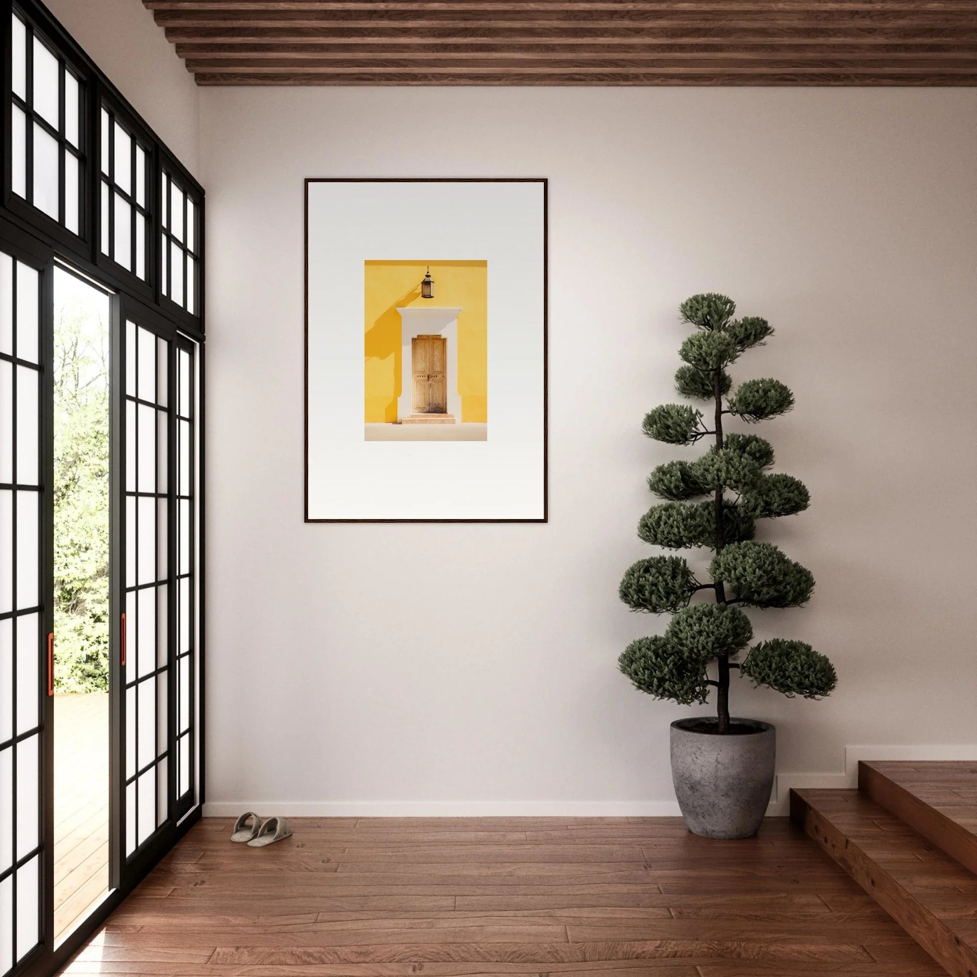 Framed wall art of a yellow building in the Golden Hue Portal collection