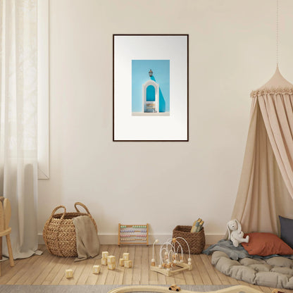 Framed wall art of white architecture against blue sky, Ethereal Mediterranean Pause