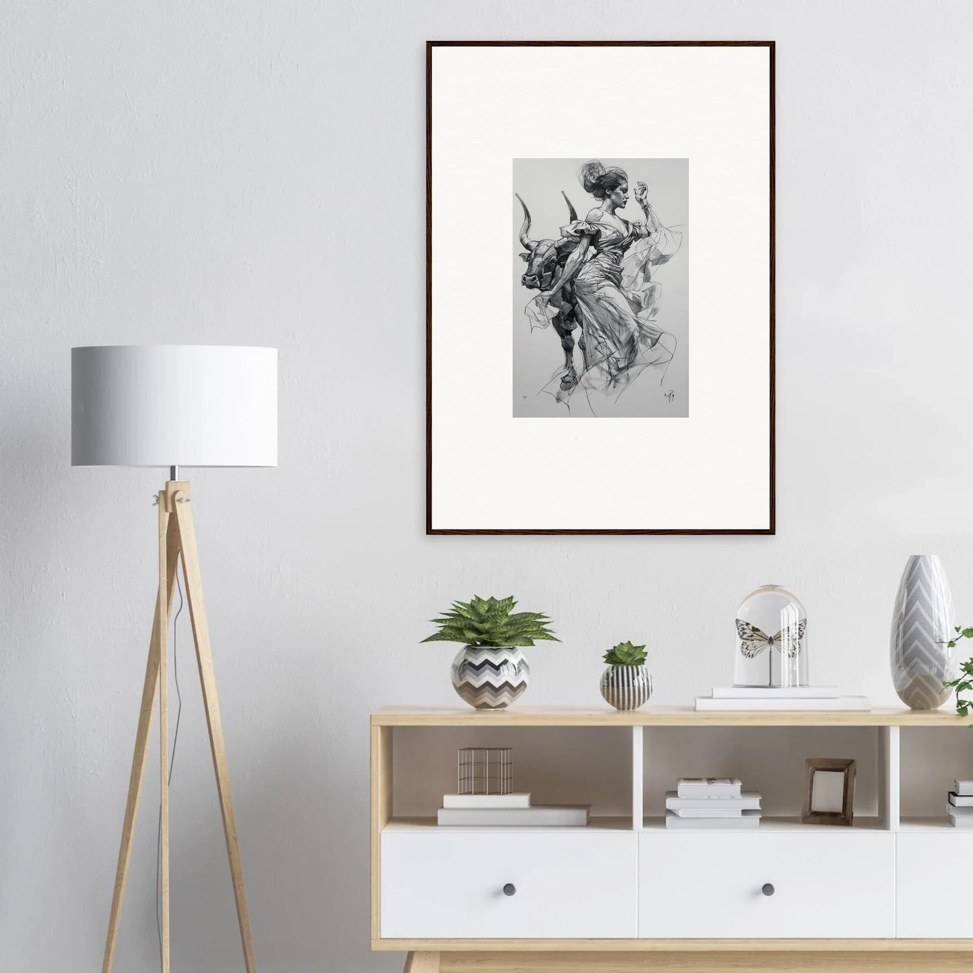 Framed black and white artwork of a figure on a bull, Sirens Veil Matador special edition art