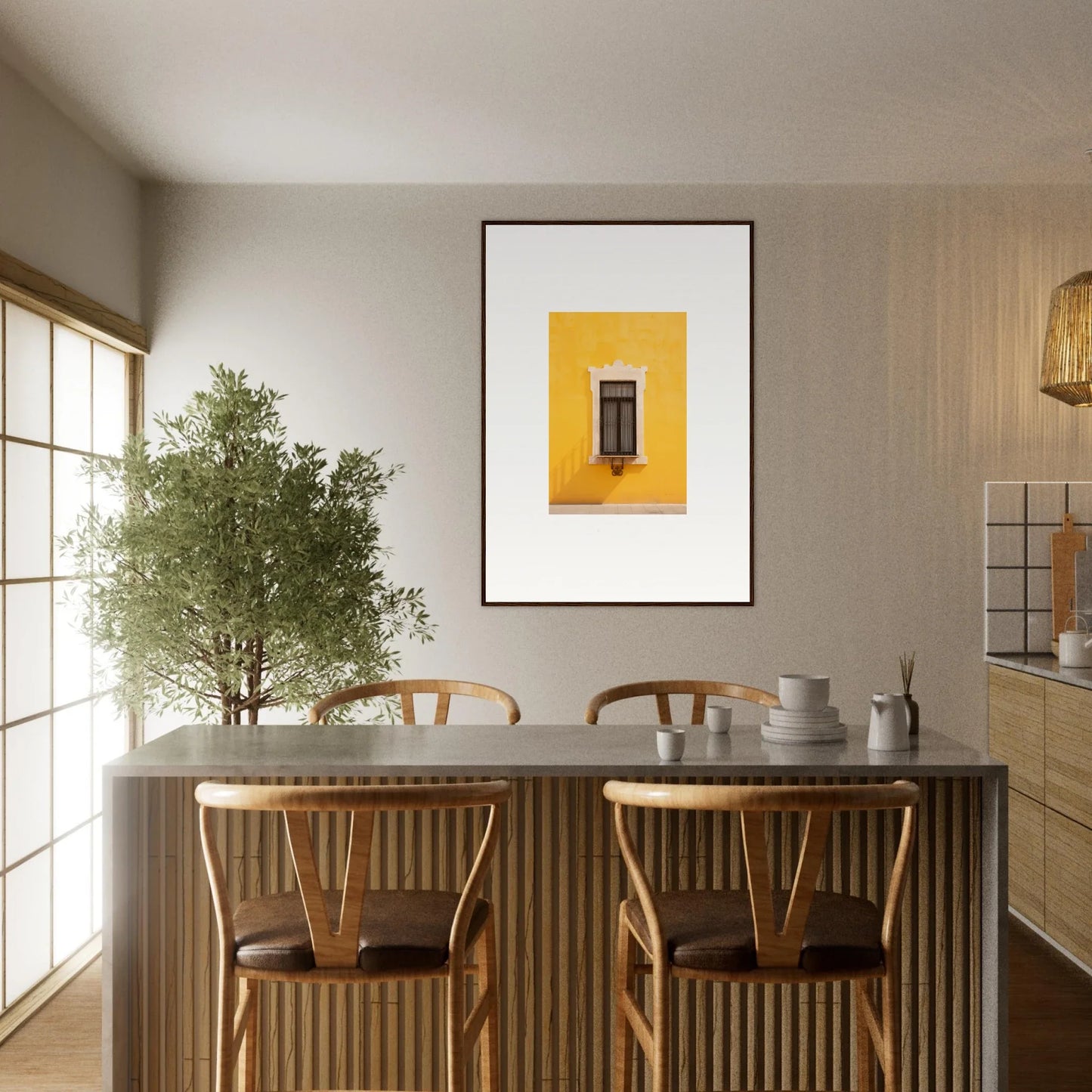 Modern dining area featuring a concrete table and wooden chairs from Window’s Giallo Reverie