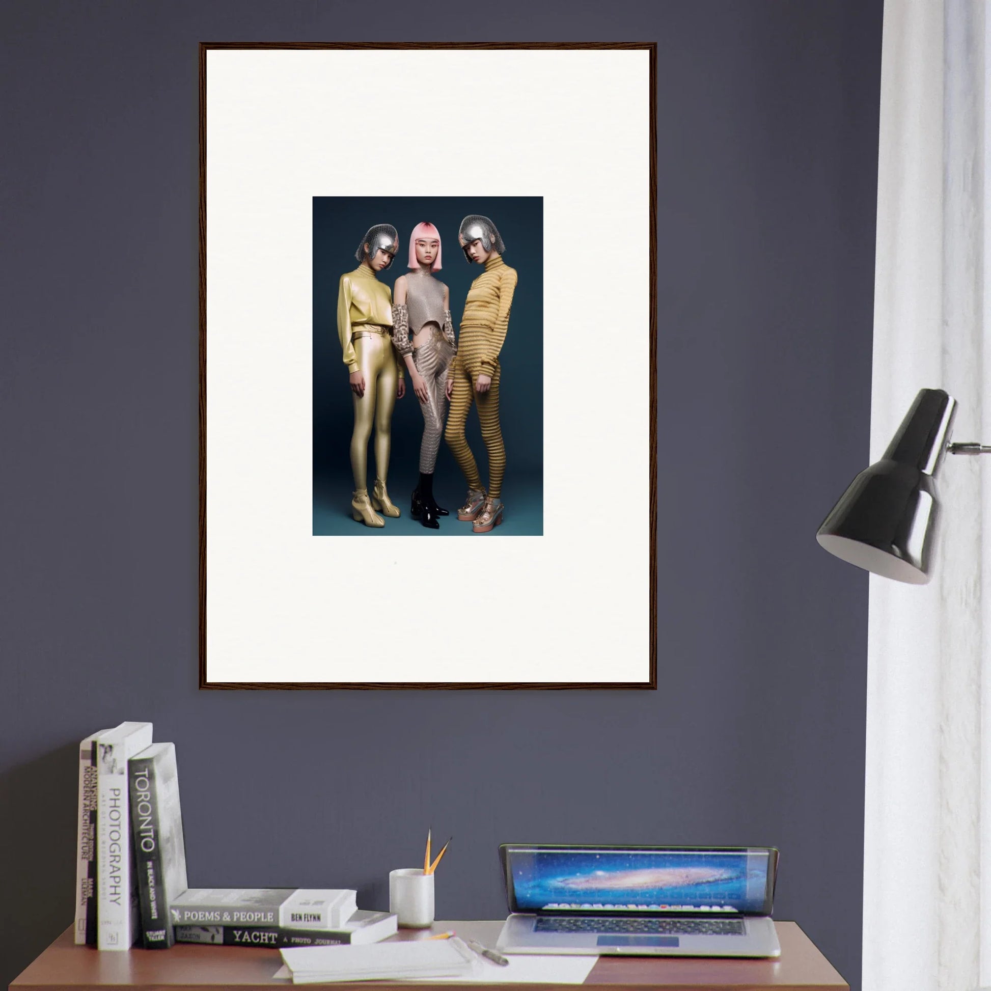 Framed wall art of three people in metallic bodysuits for Galactic Fashion Paradigm