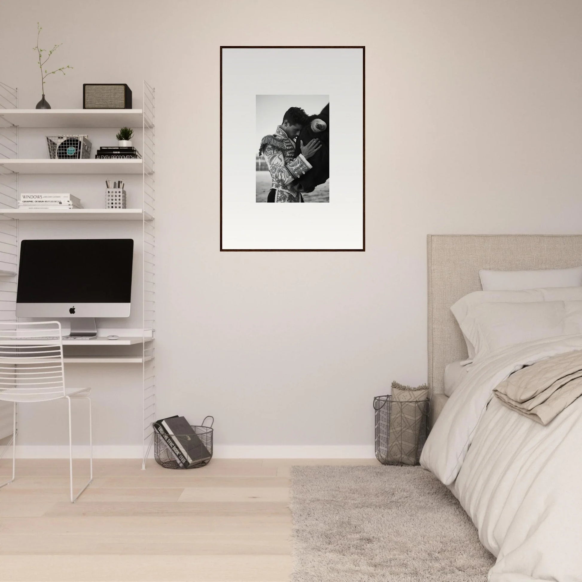 Minimalist bedroom showcasing Triumphant Shadows Embrace art with white walls and shelves