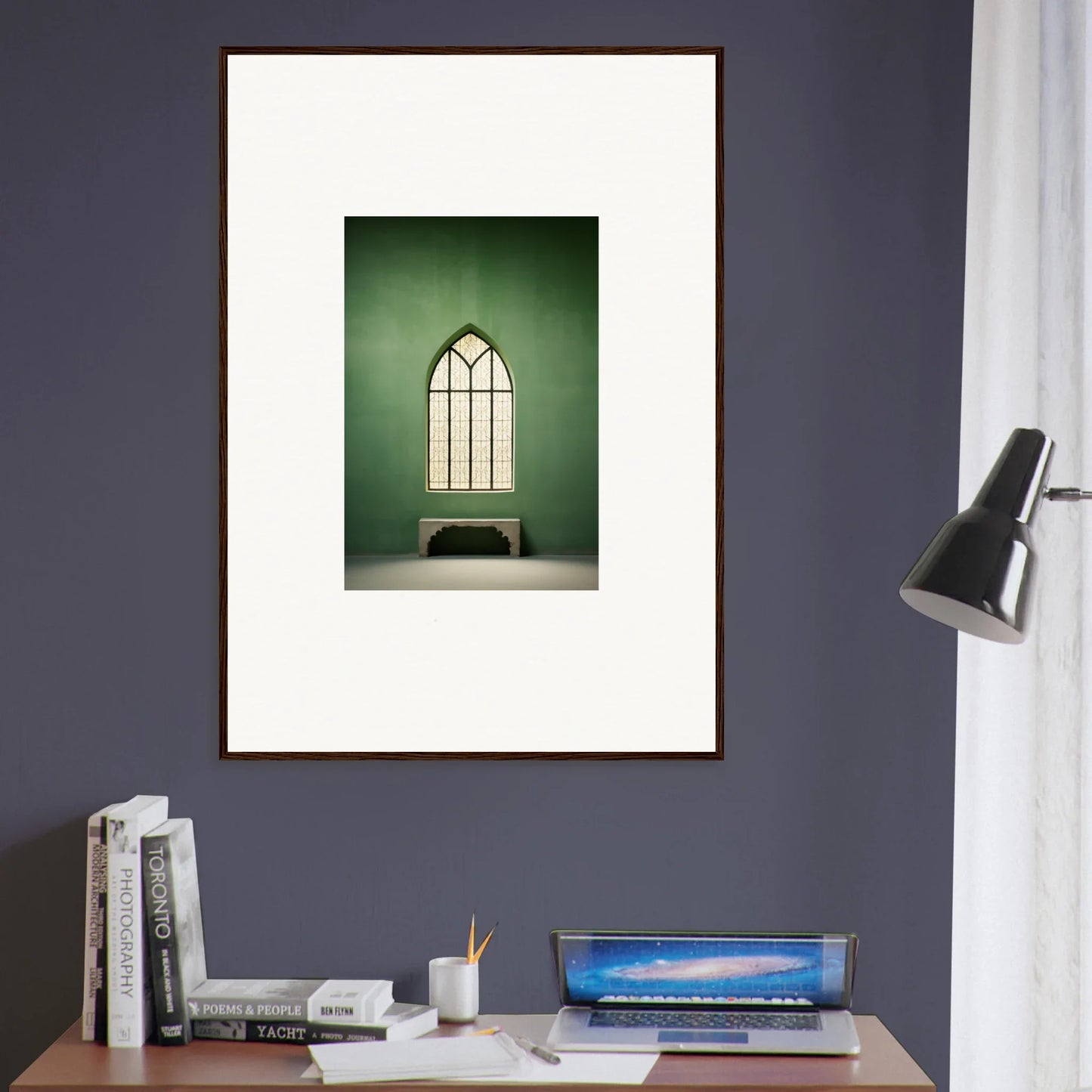 Framed art print of a gothic window and bench in Evermind Greenthaum premium style