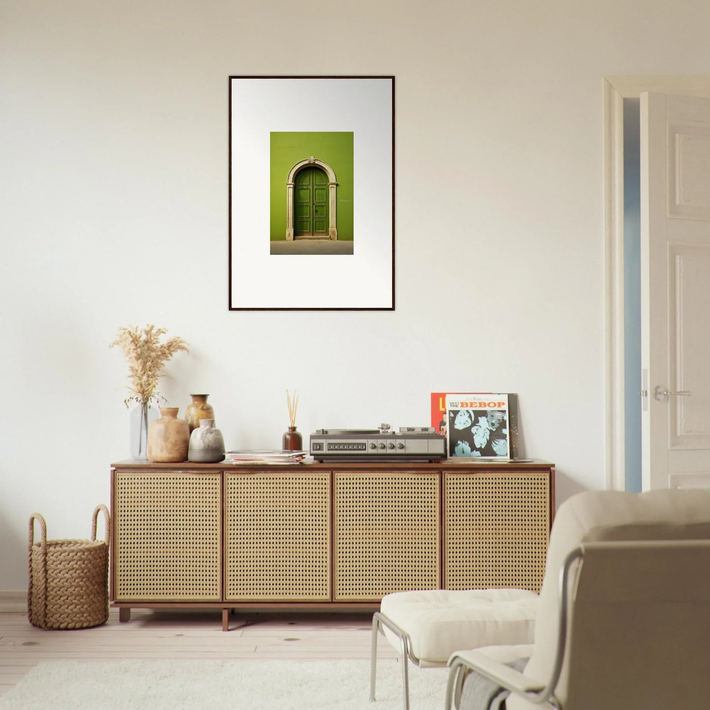 Rattan-fronted wooden credenza from the Vert Barcode Reverie special edition art™ collection