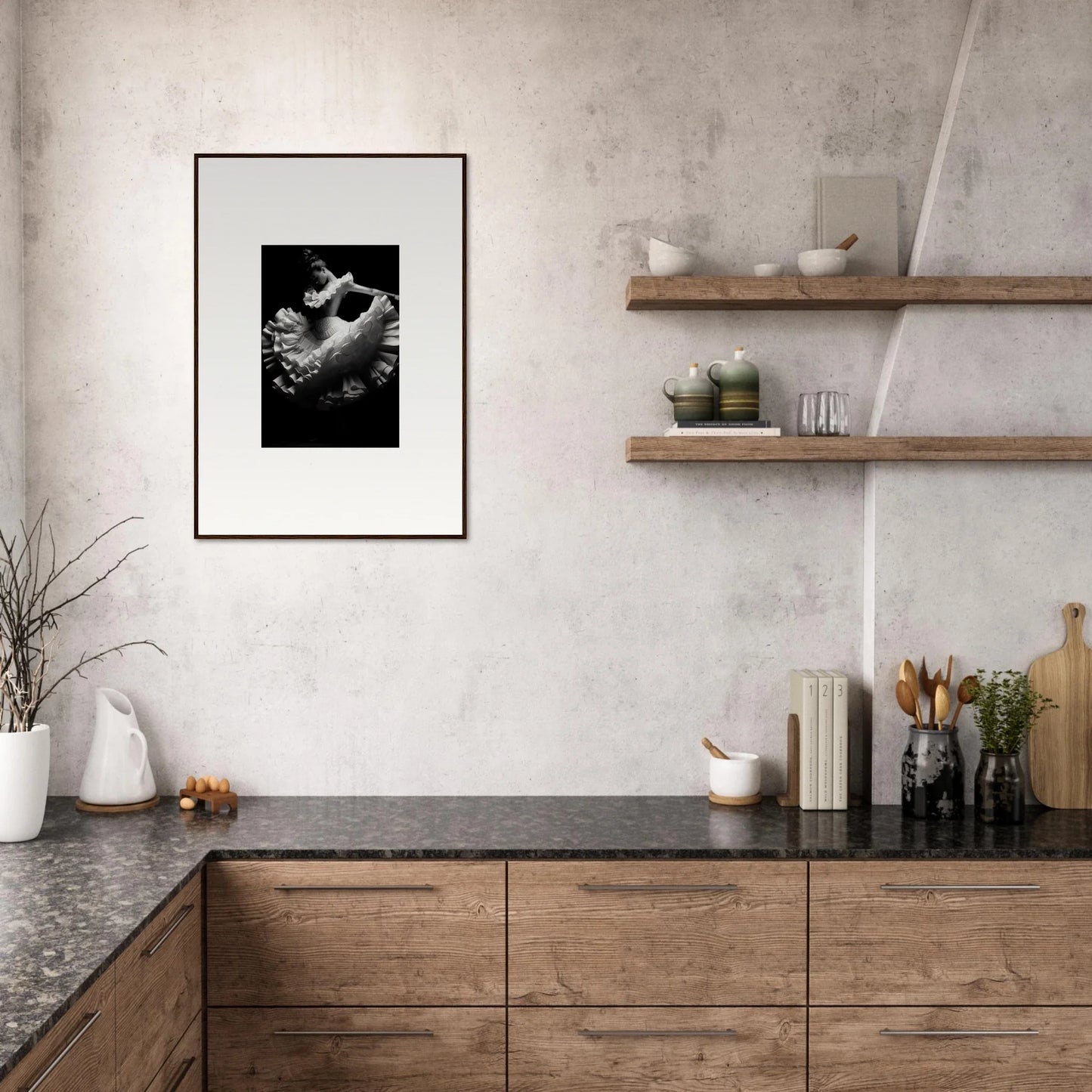 Modern kitchen with wooden cabinets and floating shelves featuring Swirled Dream Dancer art