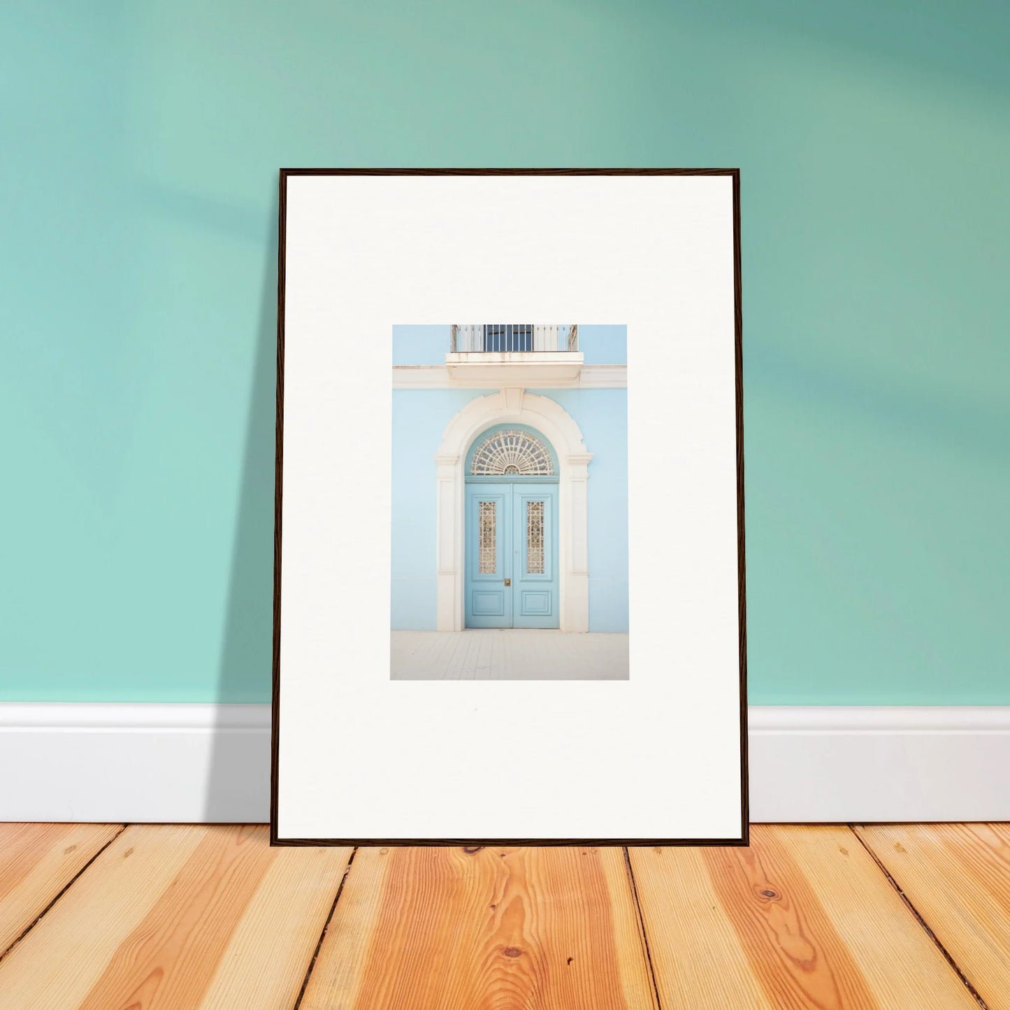 Framed wall art of a light blue ornate door in the Delphinium Dream Portal design