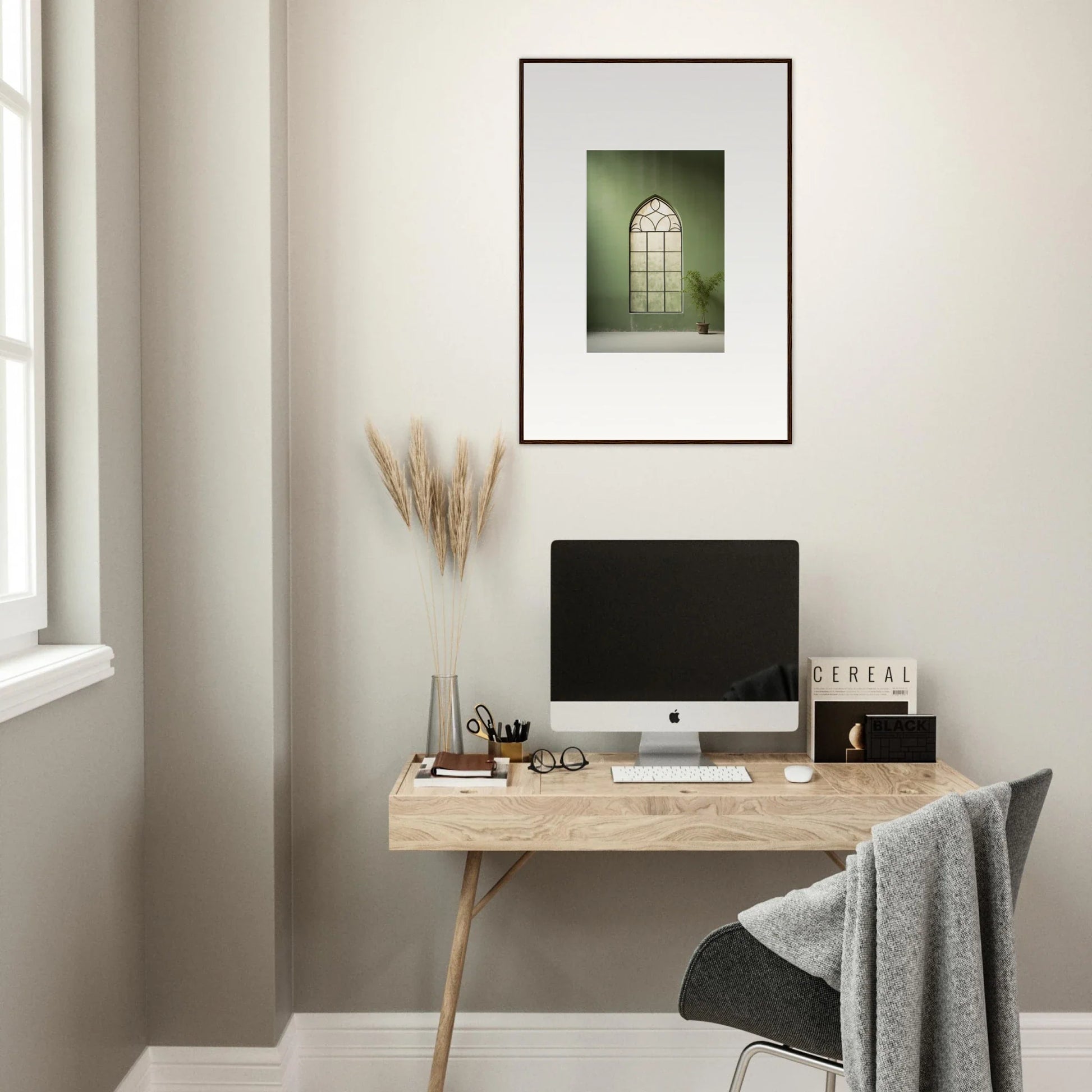 Minimalist wooden desk with iMac and premium framed wall art in Green Crescent setup