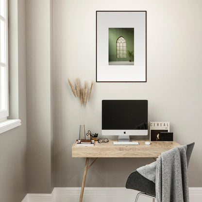 Minimalist wooden desk with iMac and premium framed wall art in Green Crescent setup